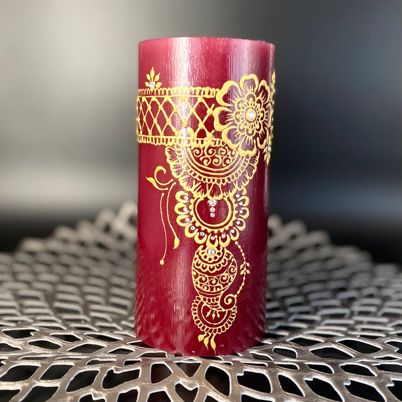 mani apsaras／Mehndi Design デコレーション ピラーキャンドル／Wine Red & Gold