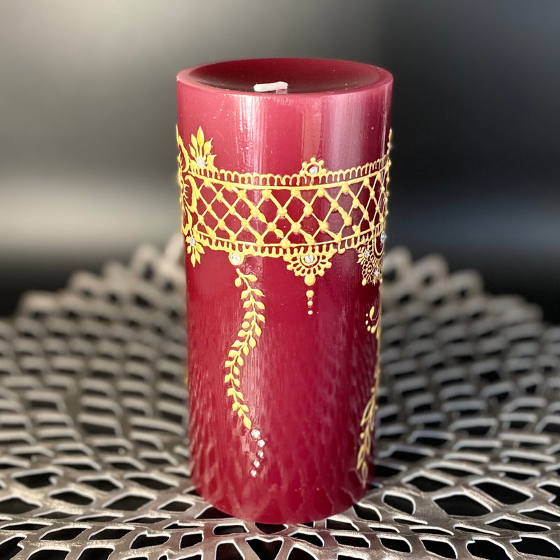 mani apsaras／Mehndi Design デコレーション ピラーキャンドル／Wine Red & Gold